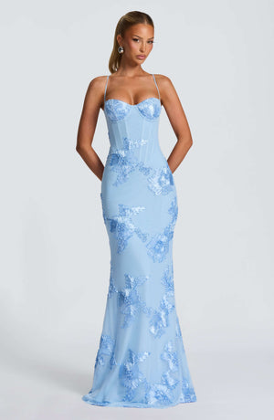 Aurohaya Émeline Floral Appliqué Corset Maxi Dress Blue