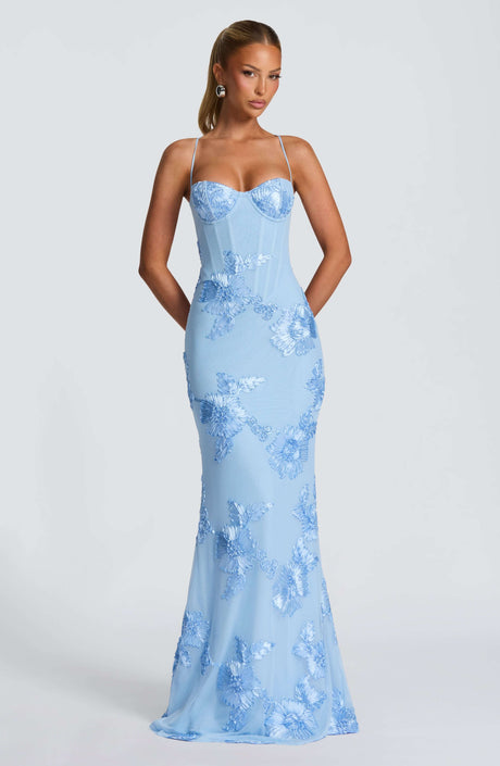 Aurohaya Émeline Floral Appliqué Corset Maxi Dress Blue