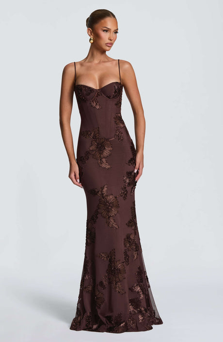 Aurohaya Émeline Floral Appliqué Corset Maxi Dress Brown