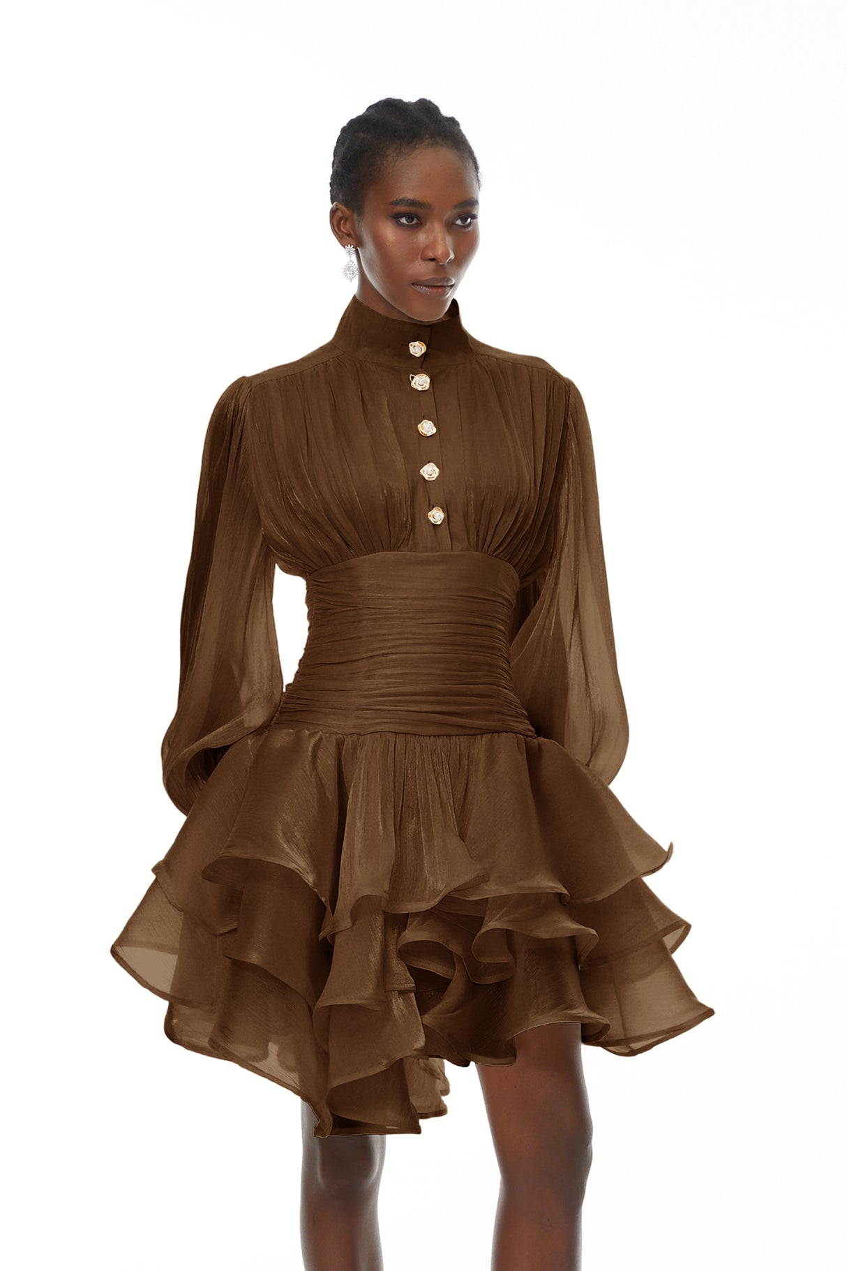 Aurohaya Emersyn Brown High-Neck Ruffled Detail Mini Dress