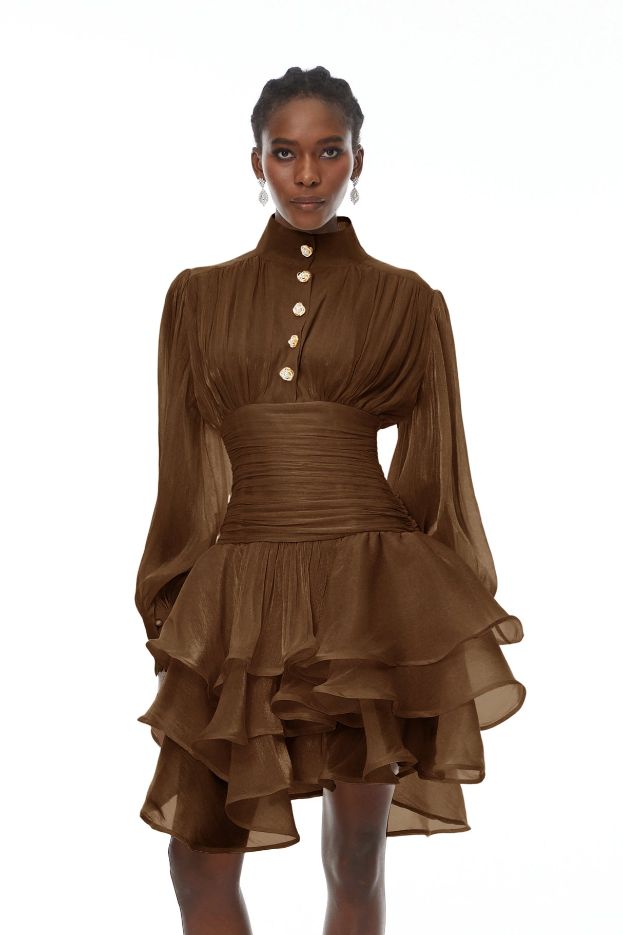 Aurohaya Emersyn Brown High-Neck Ruffled Detail Mini Dress