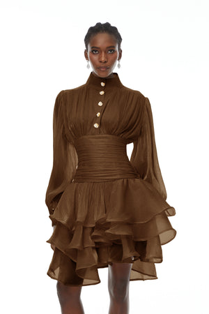 Aurohaya Emersyn Brown High-Neck Ruffled Detail Mini Dress