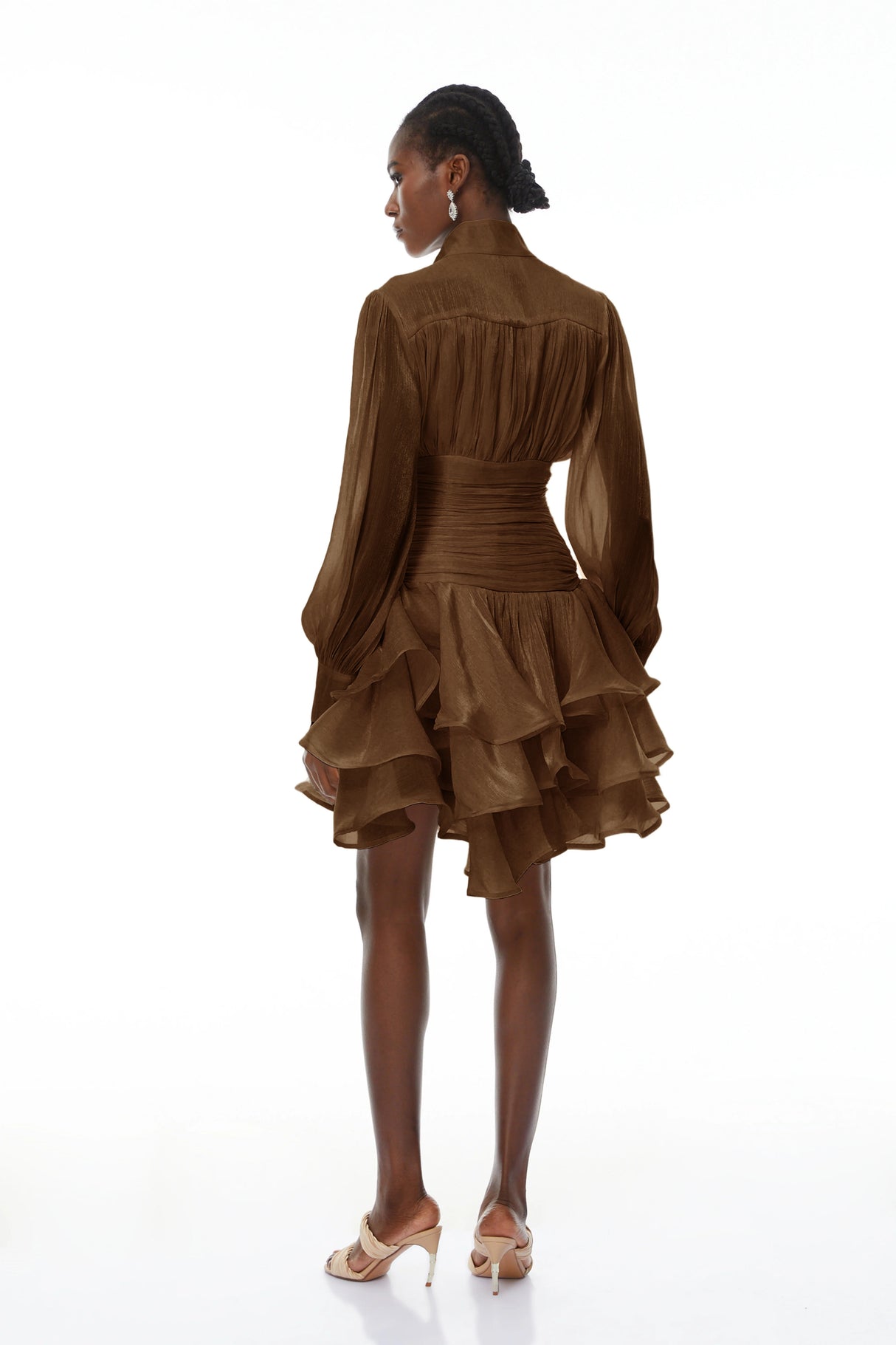 Aurohaya Emersyn Brown High-Neck Ruffled Detail Mini Dress