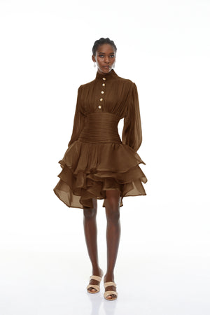 Aurohaya Emersyn Brown High-Neck Ruffled Detail Mini Dress