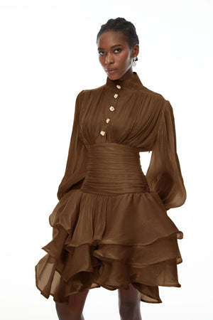 Aurohaya Emersyn Brown High-Neck Ruffled Detail Mini Dress