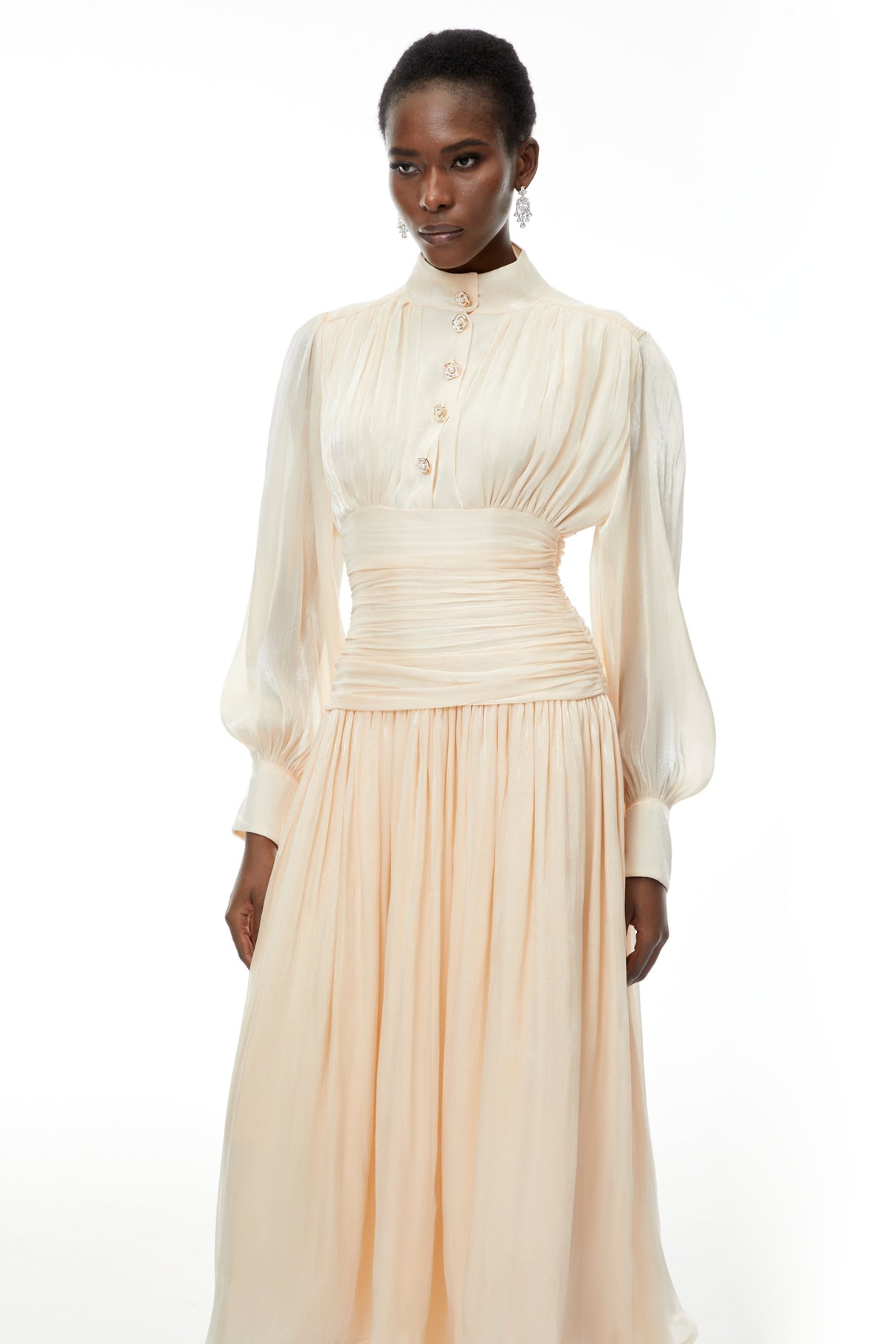 Aurohaya Emersyn Neutrals High-Neck Ruffled Detail Maxi Dress