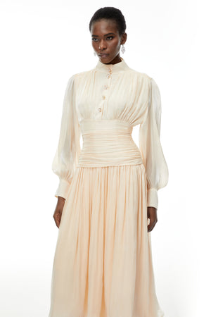 Aurohaya Emersyn Neutrals High-Neck Ruffled Detail Maxi Dress