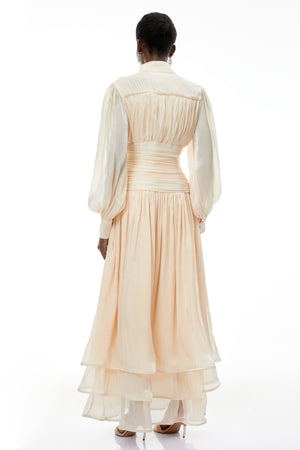 Aurohaya Emersyn Neutrals High-Neck Ruffled Detail Maxi Dress