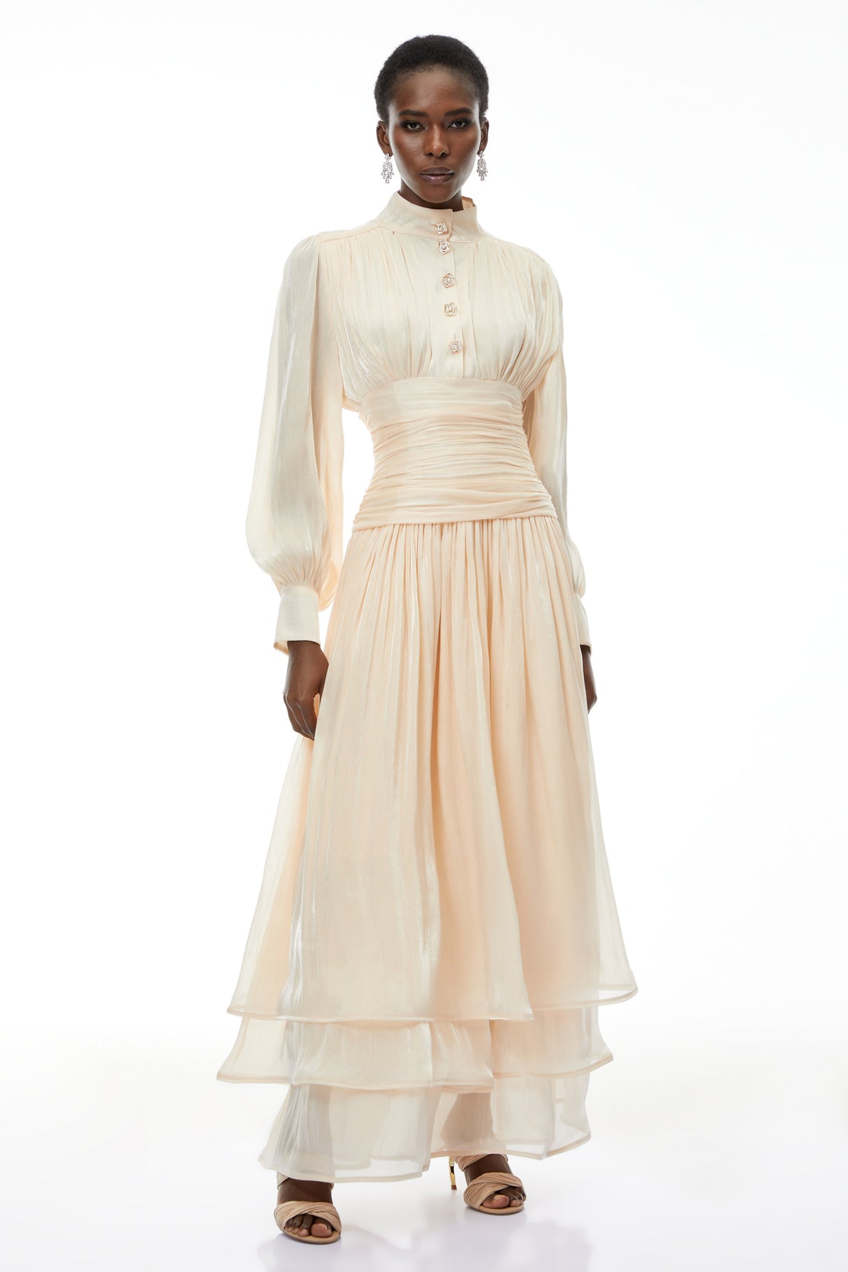 Aurohaya Emersyn Neutrals High-Neck Ruffled Detail Maxi Dress