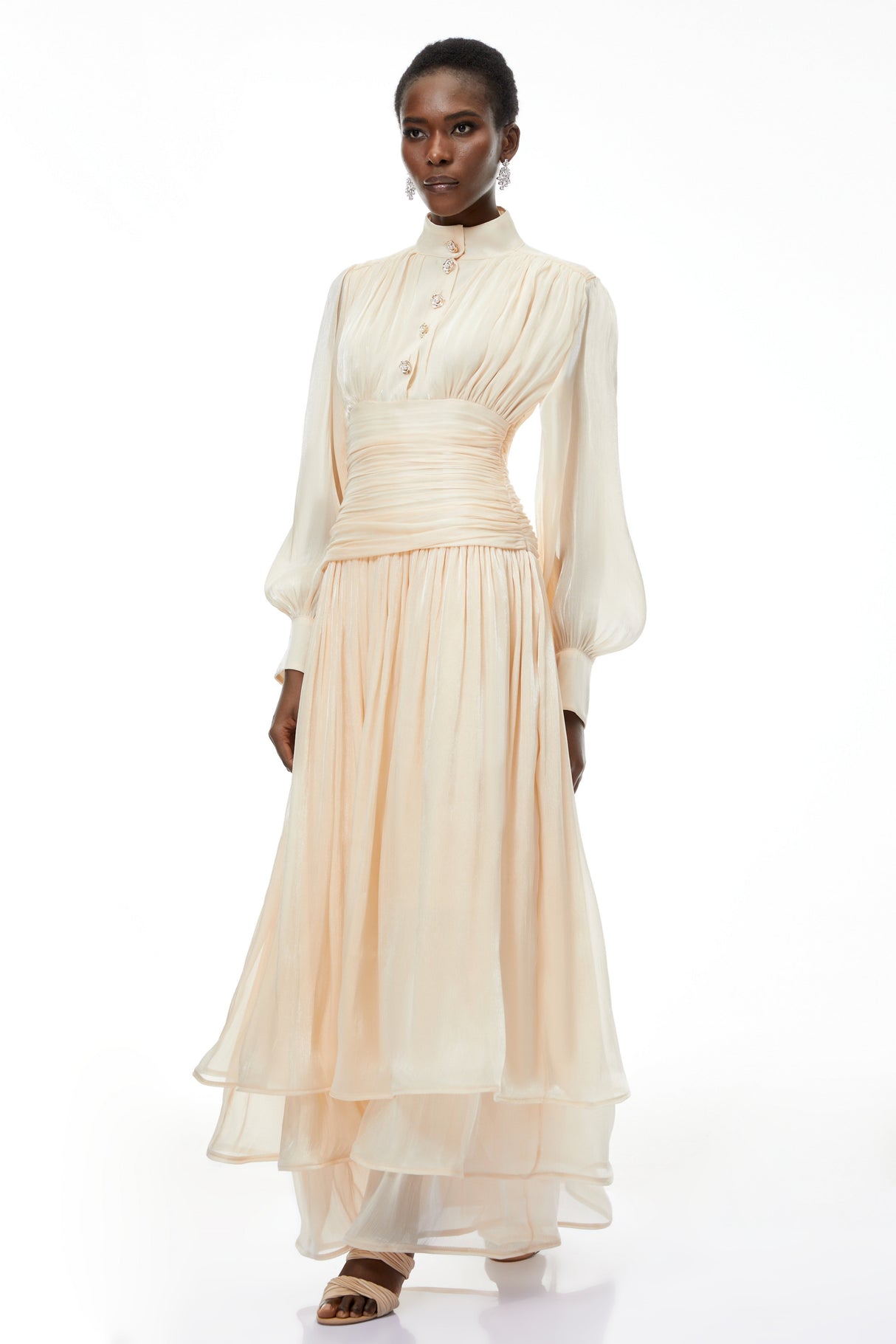 Aurohaya Emersyn Neutrals High-Neck Ruffled Detail Maxi Dress