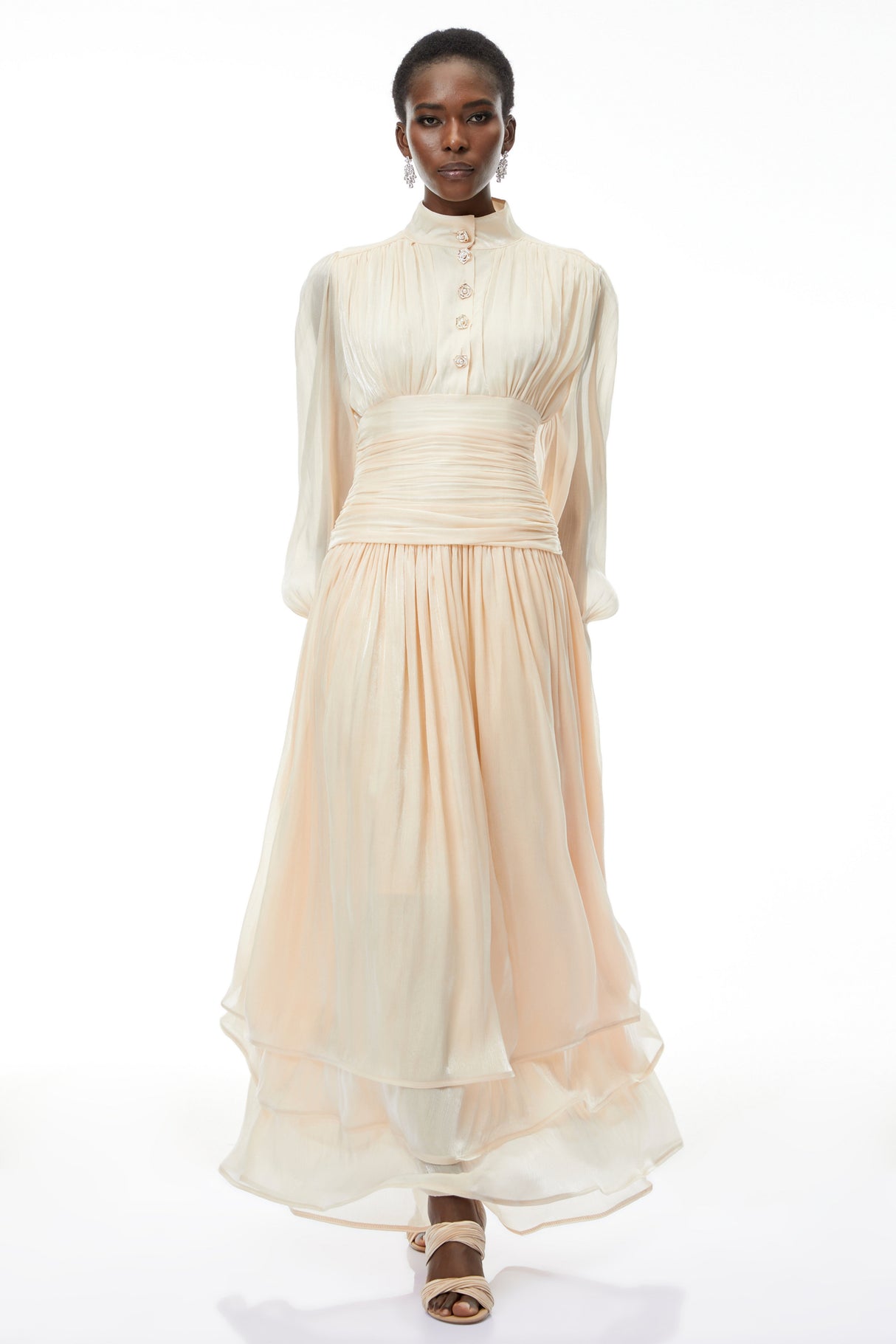 Aurohaya Emersyn Neutrals High-Neck Ruffled Detail Maxi Dress