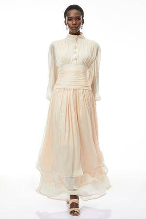 Aurohaya Emersyn Neutrals High-Neck Ruffled Detail Maxi Dress