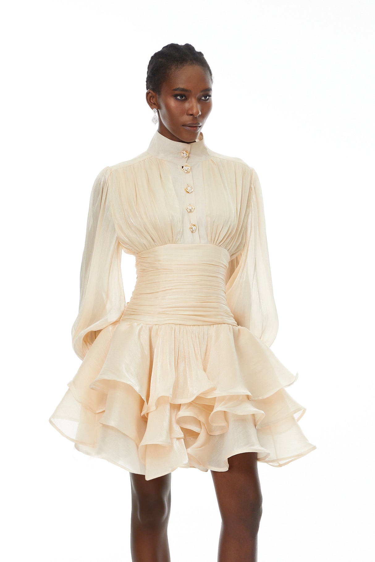 Aurohaya Emersyn Neutrals High-Neck Ruffled Detail Mini Dress