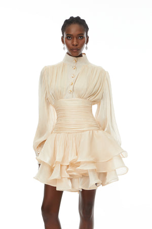 Aurohaya Emersyn Neutrals High-Neck Ruffled Detail Mini Dress