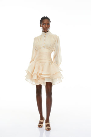 Aurohaya Emersyn Neutrals High-Neck Ruffled Detail Mini Dress