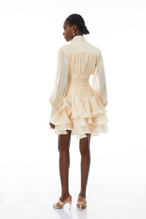 Aurohaya Emersyn Neutrals High-Neck Ruffled Detail Mini Dress