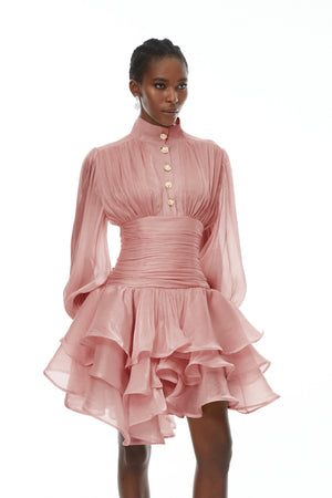 Aurohaya Emersyn Pink High-Neck Ruffled Detail Mini Dress