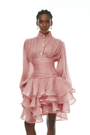 Aurohaya Emersyn Pink High-Neck Ruffled Detail Mini Dress