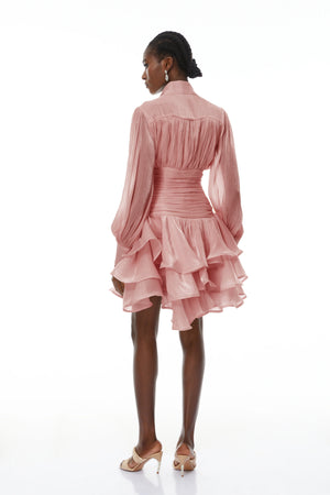 Aurohaya Emersyn Pink High-Neck Ruffled Detail Mini Dress