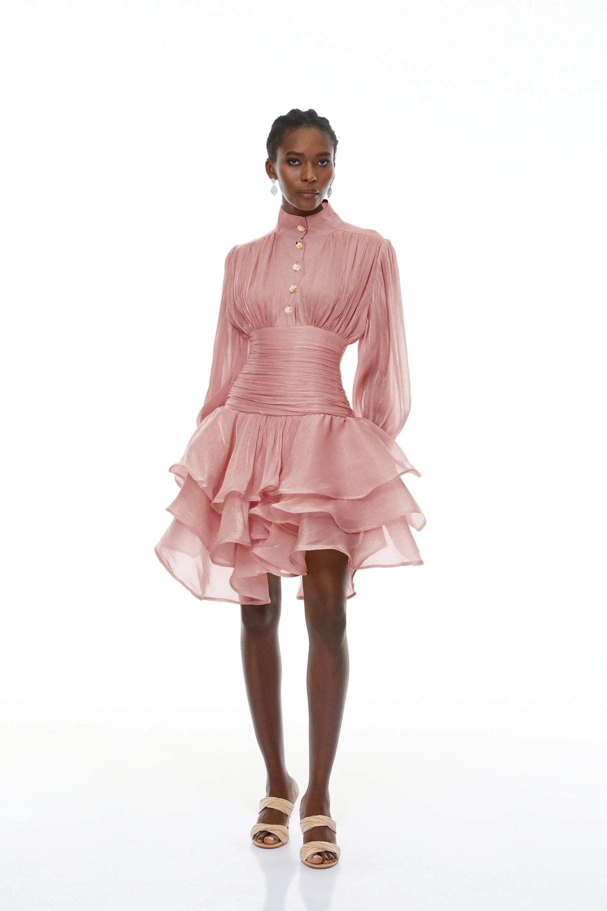 Aurohaya Emersyn Pink High-Neck Ruffled Detail Mini Dress
