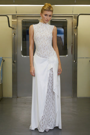 Aurohaya Emilia White Asymmetrical Floral Lace Maxi Dress
