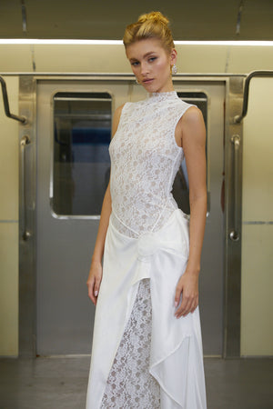 Aurohaya Emilia White Asymmetrical Floral Lace Maxi Dress
