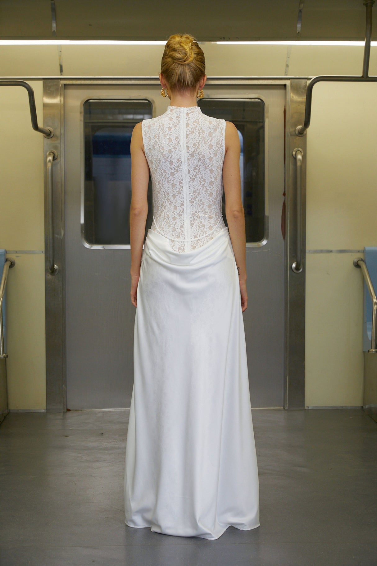 Aurohaya Emilia White Asymmetrical Floral Lace Maxi Dress