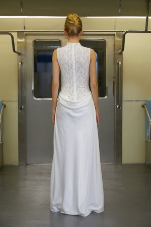 Aurohaya Emilia White Asymmetrical Floral Lace Maxi Dress