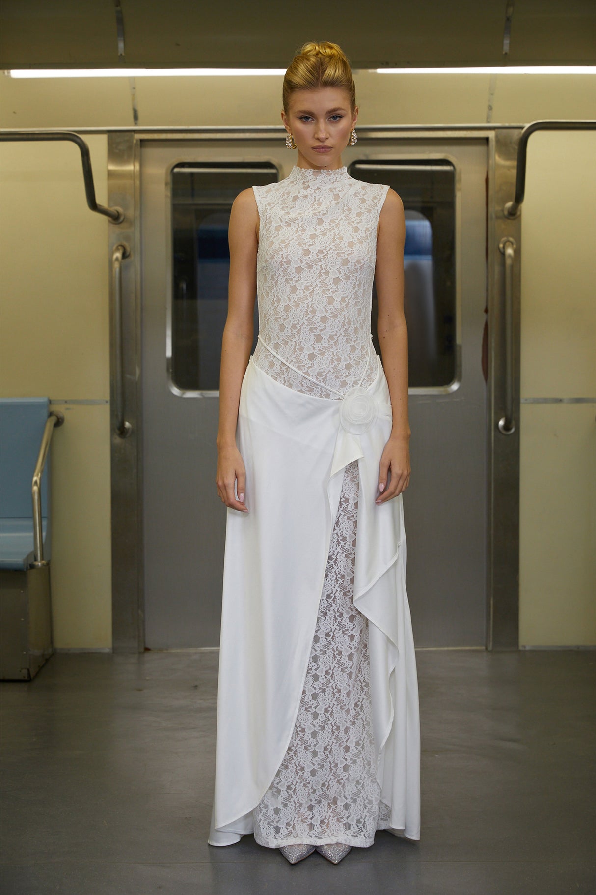 Aurohaya Emilia White Asymmetrical Floral Lace Maxi Dress