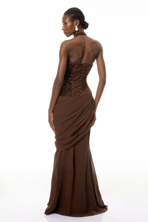 Aurohaya Emma Brown Halterneck Sequin Panel Maxi Gown