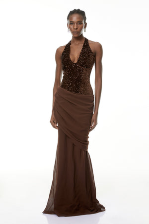 Aurohaya Emma Brown Halterneck Sequin Panel Maxi Gown