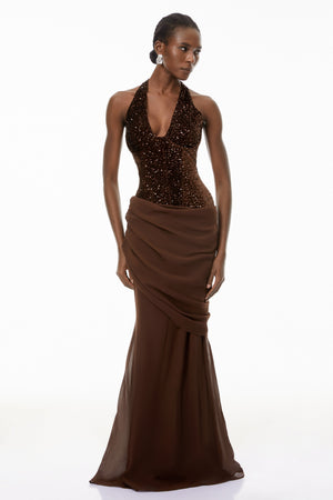 Aurohaya Emma Brown Halterneck Sequin Panel Maxi Gown