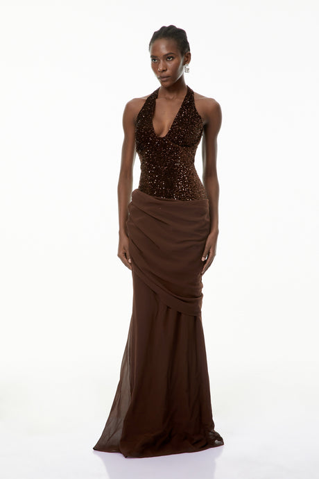 Aurohaya Emma Brown Halterneck Sequin Panel Maxi Gown