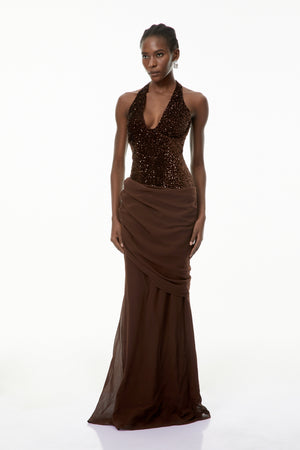 Aurohaya Emma Brown Halterneck Sequin Panel Maxi Gown