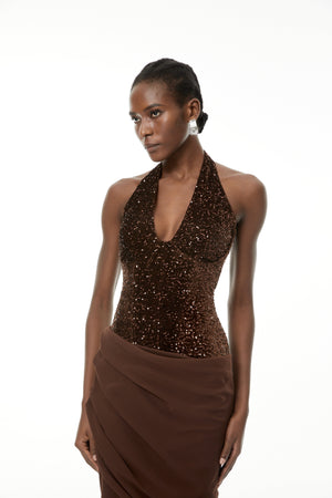 Aurohaya Emma Brown Halterneck Sequin Panel Maxi Gown