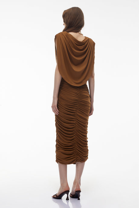 Aurohaya Ereshkigal Brown Ruched Bodycon Midi Dress