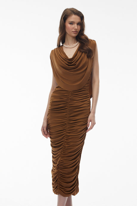 Aurohaya Ereshkigal Brown Ruched Bodycon Midi Dress