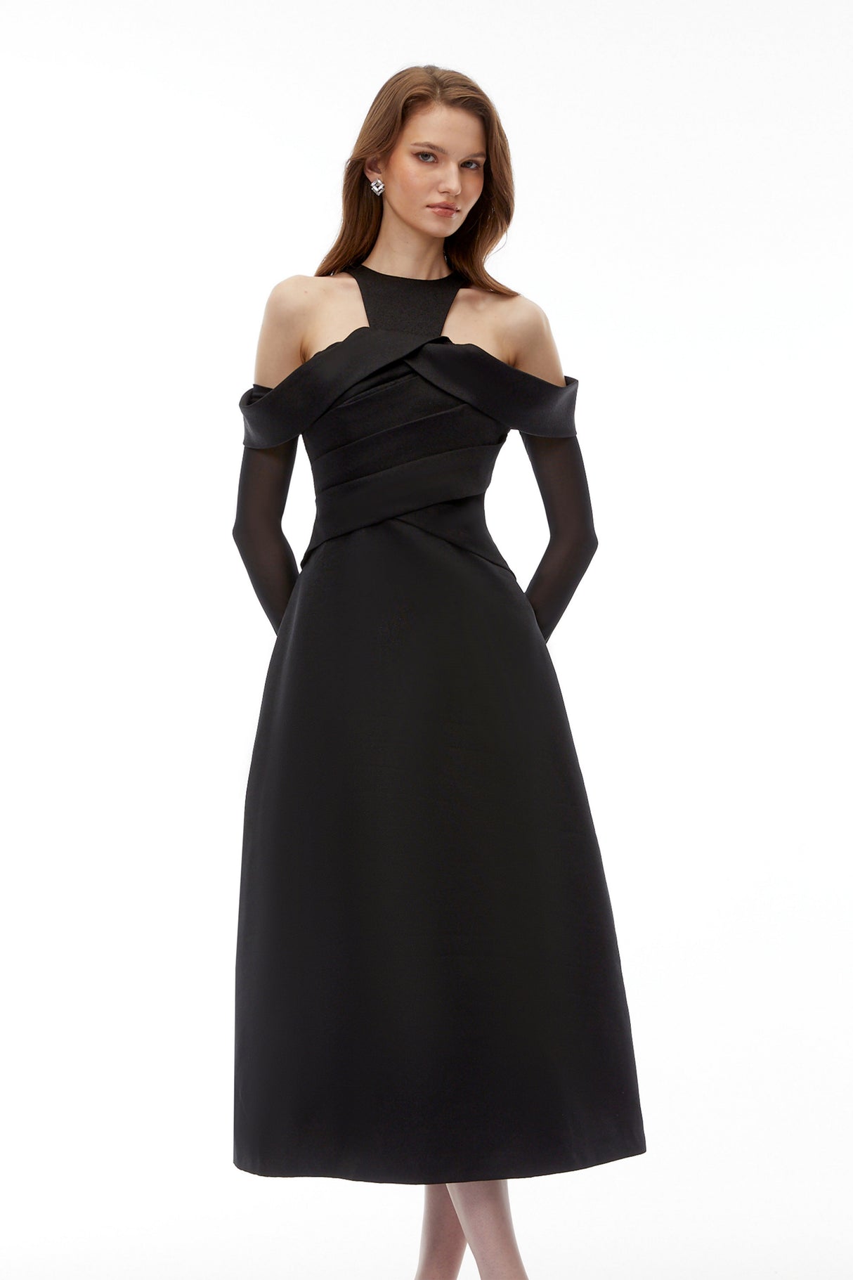 Aurohaya Erika Black Cold Shoulder Draped Midi Dress