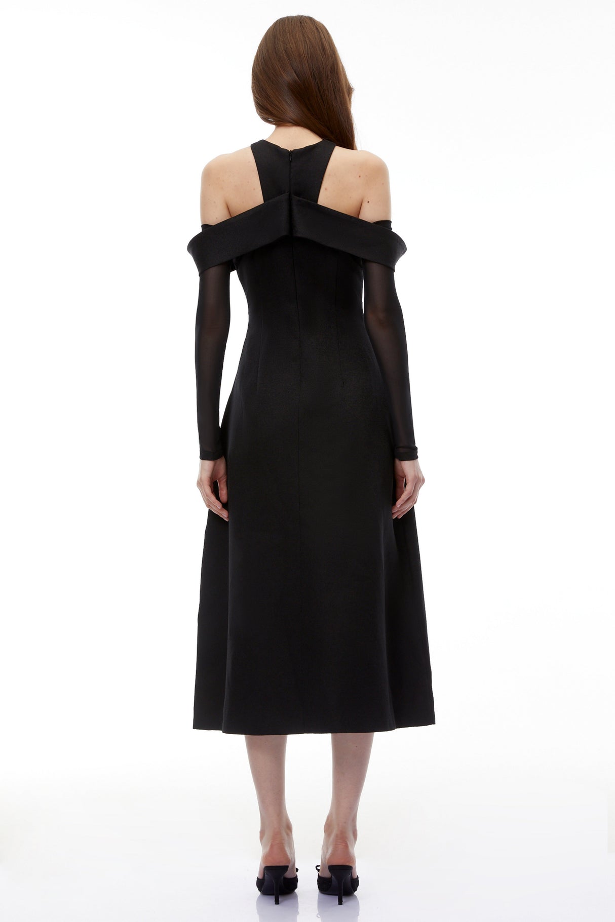 Aurohaya Erika Black Cold Shoulder Draped Midi Dress