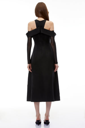 Aurohaya Erika Black Cold Shoulder Draped Midi Dress