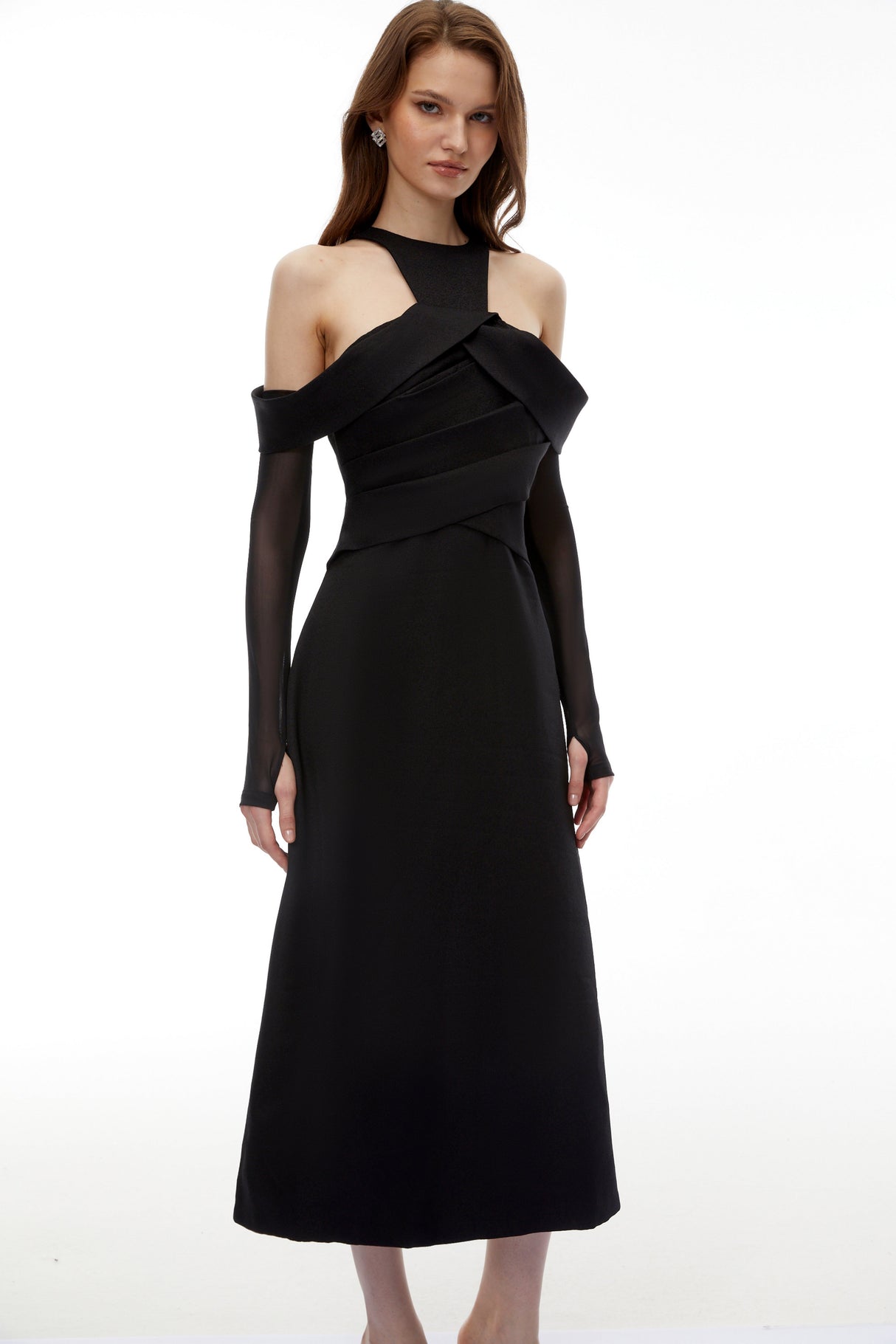 Aurohaya Erika Black Cold Shoulder Draped Midi Dress