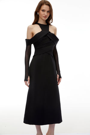 Aurohaya Erika Black Cold Shoulder Draped Midi Dress
