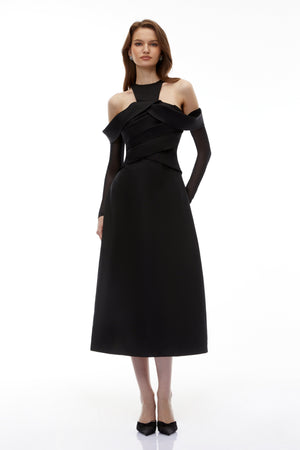 Aurohaya Erika Black Cold Shoulder Draped Midi Dress