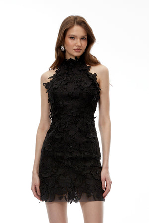 Aurohaya Estelle Black High Neck Lace Mini Dress