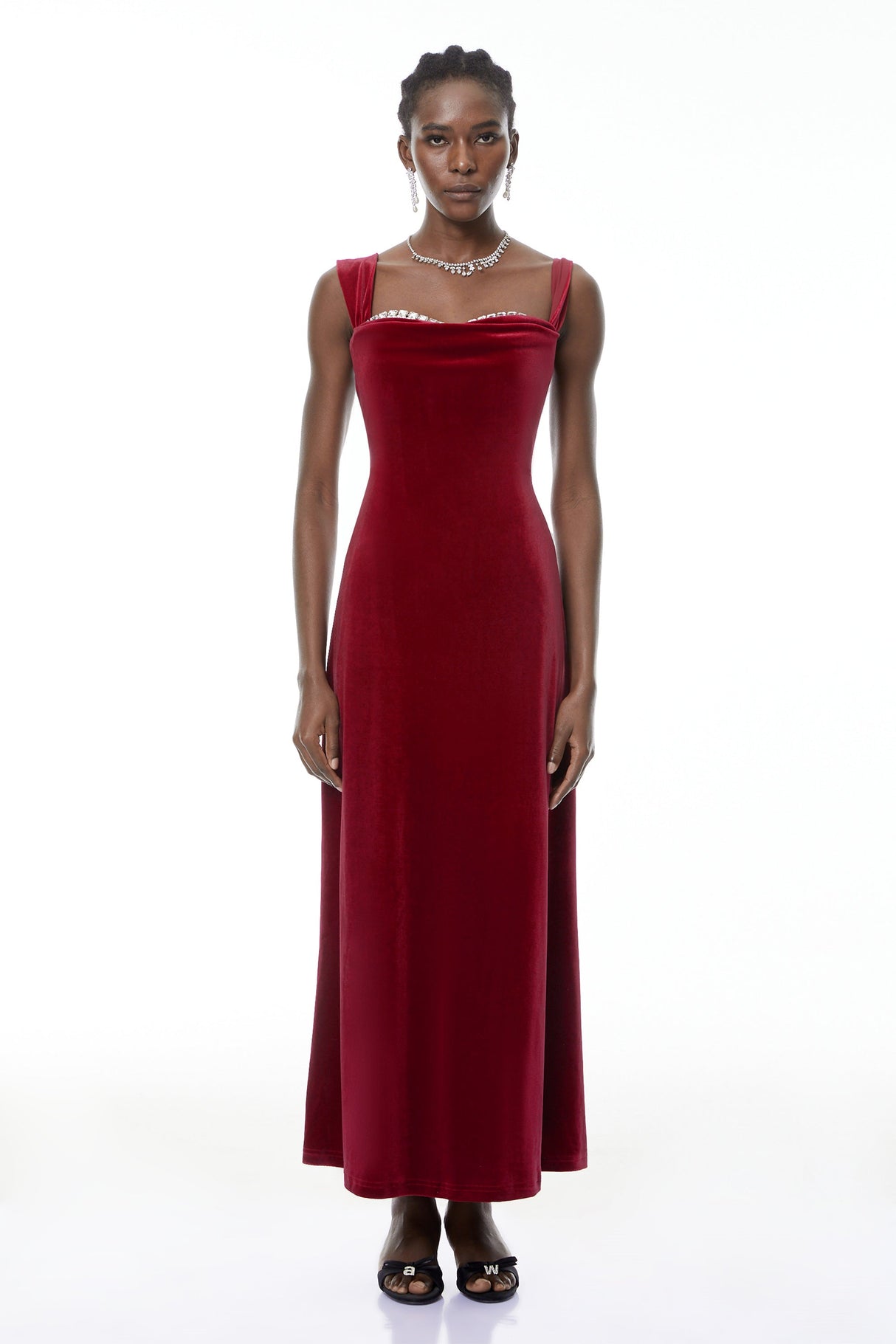 Aurohaya Eufrosina Red Velvet Maxi Dress with Crystals