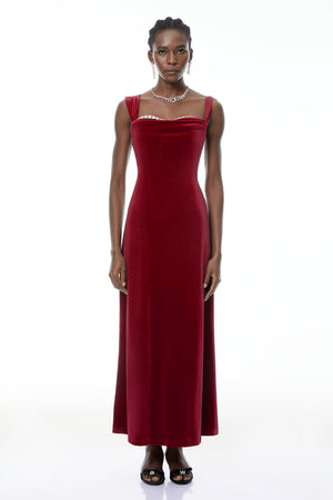 Aurohaya Eufrosina Red Velvet Maxi Dress with Crystals