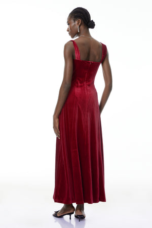 Aurohaya Eufrosina Red Velvet Maxi Dress with Crystals