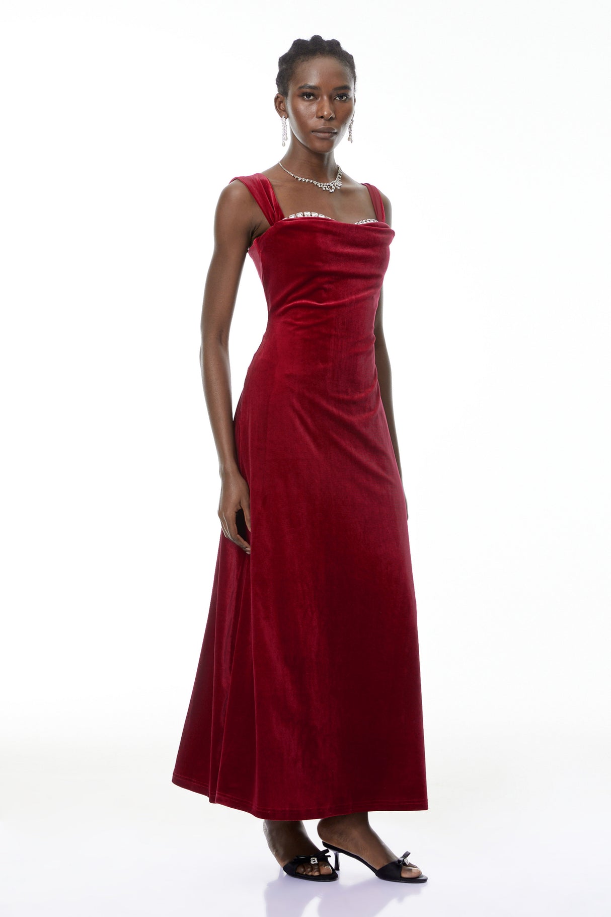Aurohaya Eufrosina Red Velvet Maxi Dress with Crystals