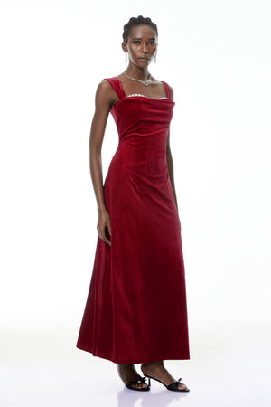 Aurohaya Eufrosina Red Velvet Maxi Dress with Crystals