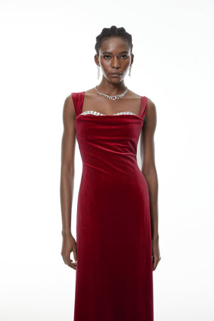 Aurohaya Eufrosina Red Velvet Maxi Dress with Crystals